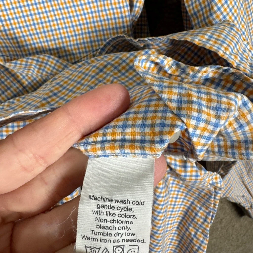 J. Crew Button Down Shirt‎ Mens Medium Orange Blue Gingham Plaid Cotton Office